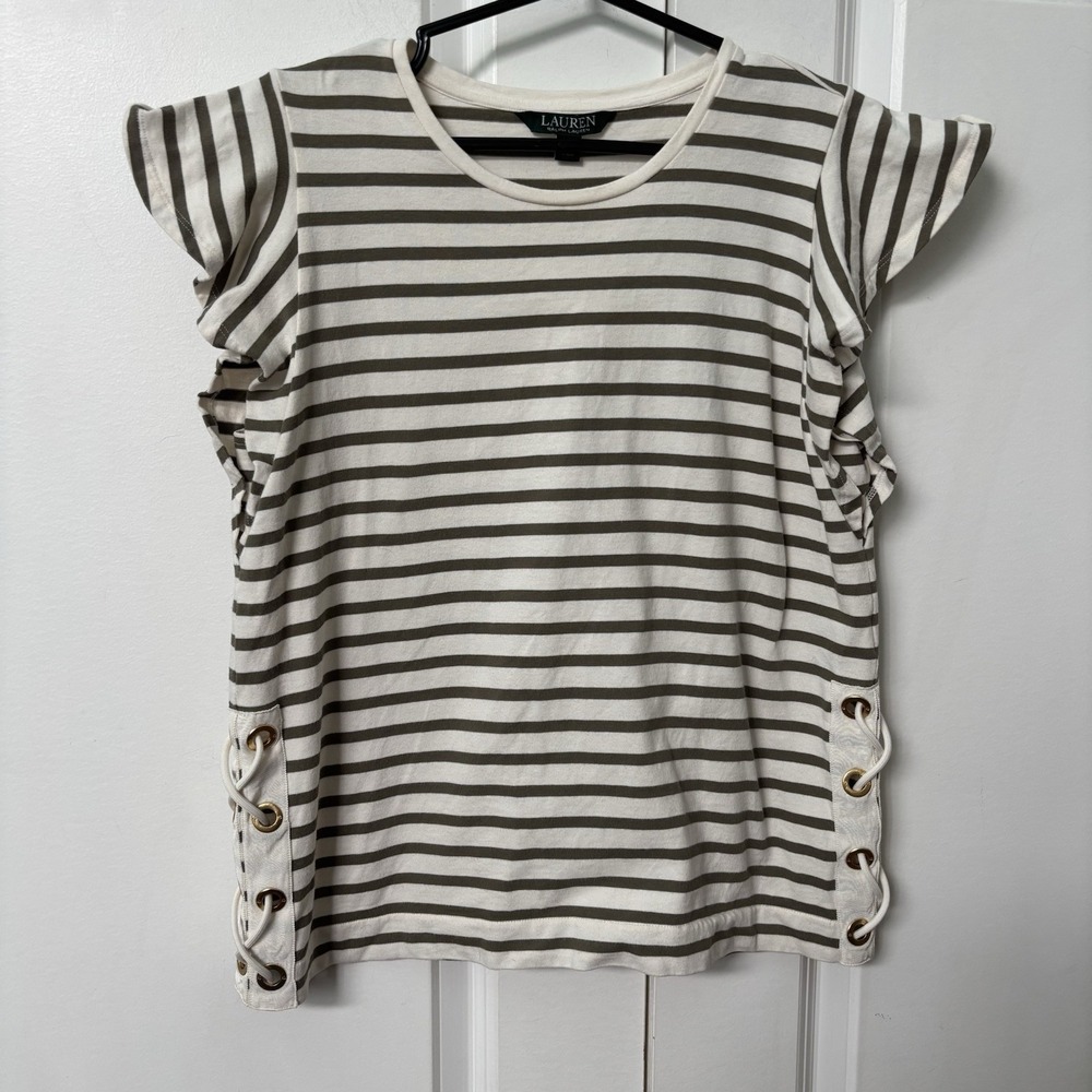Lauren Ralph Lauren Shirt Womens‎ M Petite Stripe Lace Flutter Sleeve Preppy